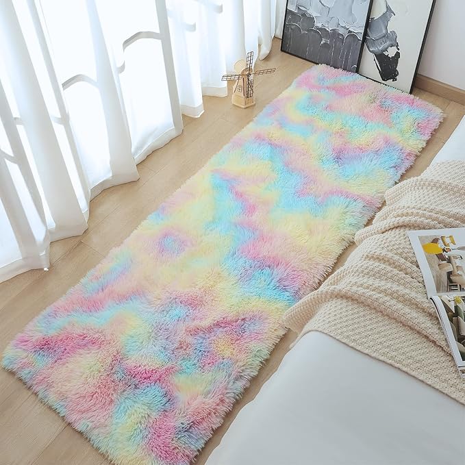 AROGAN Soft Rainbow Area Rugs for Girls Room 2x6 Feet, Fluffy Girls Bedroom Rugs, Princess Rug, Cute Colorful Carpet for Kids Teens Nursery Toddler, Pink - LeafyLoom