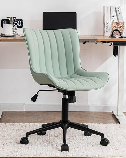 YOUNIKE Armless Office Chair Swivel Desk Chair, Upholstered Leather Computer Gaming Chair with Wheels, Adjustable Modern Rolling Task Chair Mid Back, Mint Green - LeafyLoom