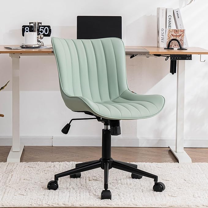 YOUNIKE Armless Office Chair Swivel Desk Chair, Upholstered Leather Computer Gaming Chair with Wheels, Adjustable Modern Rolling Task Chair Mid Back, Mint Green - LeafyLoom