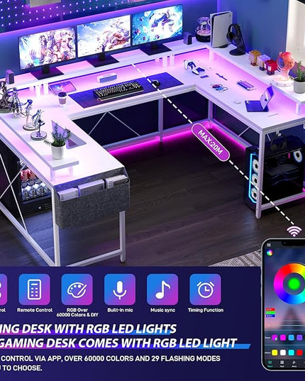 U Shaped Computer Gaming Desk, Reversible L Shaped Desk with Power Outlets, LED Strip & Monitor Stand, Large Corner Desk with Storage Shelves for Home Office, White - LeafyLoom