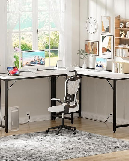 47 Inch Computer Desks with Power Outlets and USB Charging Ports, Modern Office Desk for Small Spaces, Sturdy Laptop PC Gaming Writing Table for Students, White and Black, 2 Pack - LeafyLoom