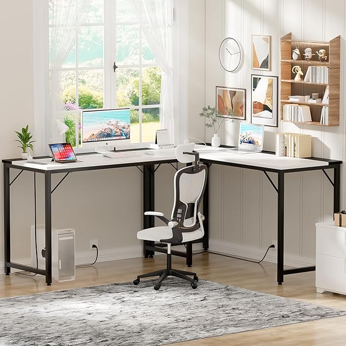 47 Inch Computer Desks with Power Outlets and USB Charging Ports, Modern Office Desk for Small Spaces, Sturdy Laptop PC Gaming Writing Table for Students, White and Black, 2 Pack - LeafyLoom