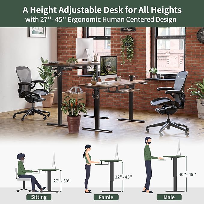 FEZIBO Standing Desk with Keyboard Tray, 40 × 24 Inches Electric Height Adjustable Desk, Sit Stand Up Desk, Computer Office Desk, Rustic Brown - LeafyLoom