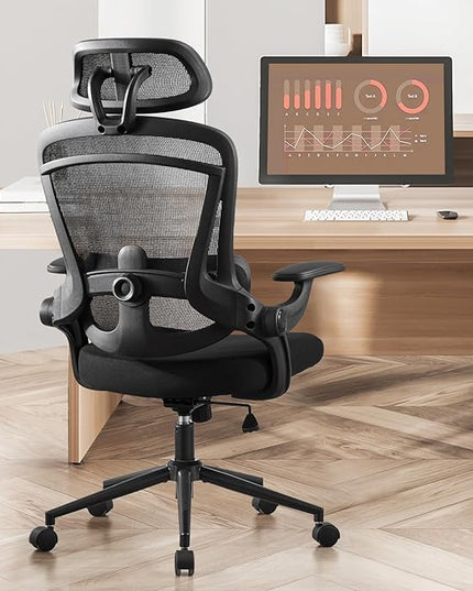 Ergonomic Office Chair, High Back Desk Chair with Adjustable Lumbar Support & Headrest,Comfortable Mesh Computer Chair with Soft Flip Up Arms, Adjustable Height and 120°Tilt,Black - LeafyLoom