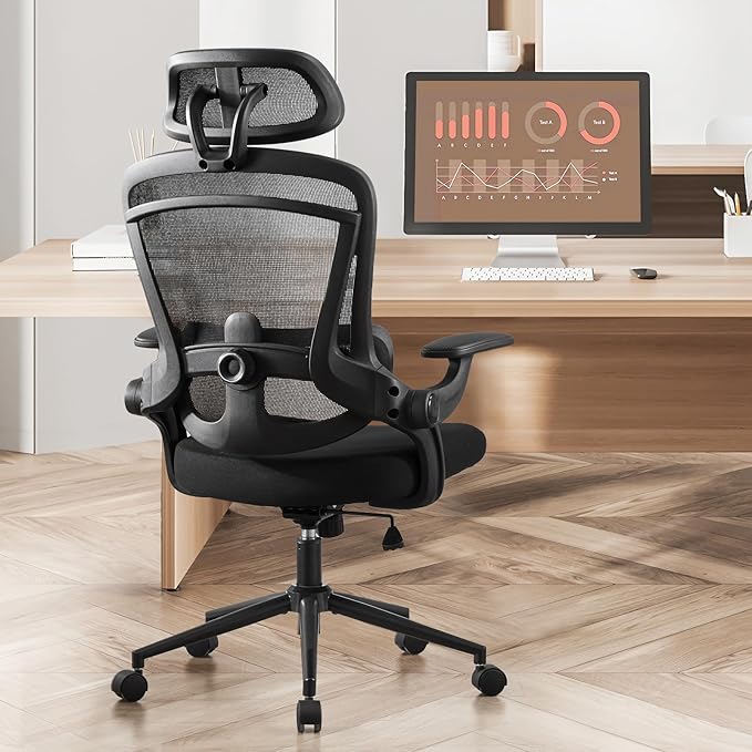 Ergonomic Office Chair, High Back Desk Chair with Adjustable Lumbar Support & Headrest,Comfortable Mesh Computer Chair with Soft Flip Up Arms, Adjustable Height and 120°Tilt,Black - LeafyLoom