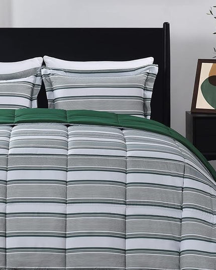 downluxe Queen Comforter Set(88"x92") 3-Piece,Stripes Green Reversible Comforter,2 Reversible Pillow Shams 20"x26",Microfiber Queen Comforter,Soft and Comfortable - LeafyLoom