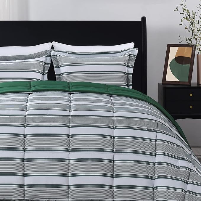 downluxe Queen Comforter Set(88"x92") 3-Piece,Stripes Green Reversible Comforter,2 Reversible Pillow Shams 20"x26",Microfiber Queen Comforter,Soft and Comfortable - LeafyLoom