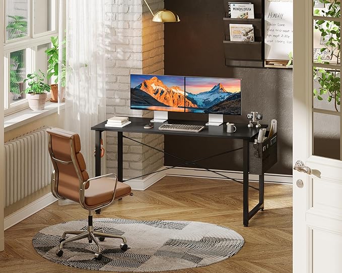 ODK Computer Desk Large Office Desk, 48 Inch Writing Desk with Storage, Modern PC Desk Work Table with Headphone Hook for Home Office, Black - LeafyLoom