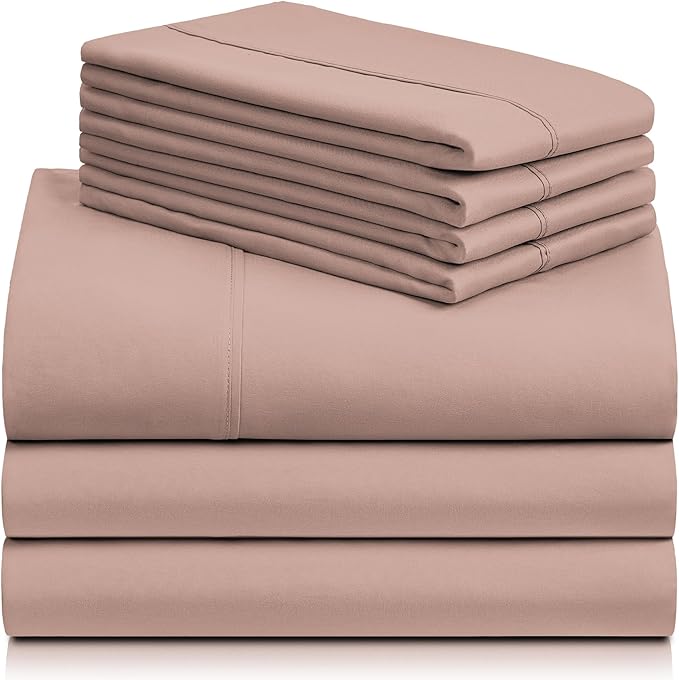 LuxClub 7 PC Split King Sheet Set, Breathable Luxury Bed Sheets, Deep Pockets 18" Eco Friendly Wrinkle Free Cooling Sheets Machine Washable Hotel Bedding Silky Soft - Pearl Pink Split King - LeafyLoom