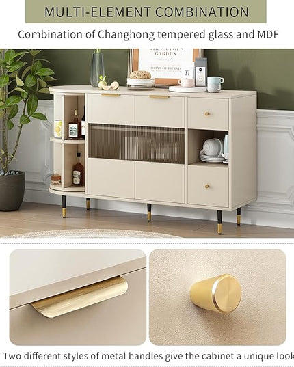 51.1" Rotating Storage Cabinet Sideboard with 2 of Tempered Changhong Glass and 2 Drawers,Wooden Console Table,w/Built-in Shelves & Turntable,for Living Room,Beige - LeafyLoom