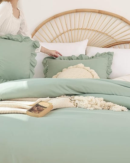 JANZAA California King Comforter Set Sage Green Comforter 3PCS Soft Fluffy Boho Comforter Vintage Farmhouse Bed (1 Ruffle Comforter with 2 Pillowcases) Shabby Chic Bedding for All Season - LeafyLoom