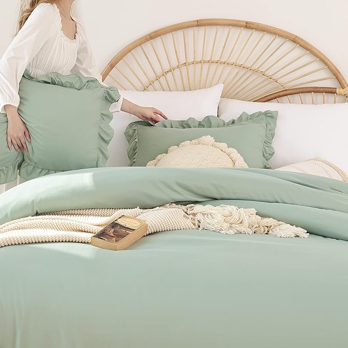 JANZAA California King Comforter Set Sage Green Comforter 3PCS Soft Fluffy Boho Comforter Vintage Farmhouse Bed (1 Ruffle Comforter with 2 Pillowcases) Shabby Chic Bedding for All Season - LeafyLoom