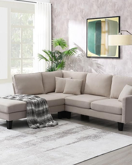 90" Modern L-Shape Sectional Sofa with Chaise Lounge,5-Seat Practical Couch Set W/ 3 Pillows,7''Leg Height,Minimalist Style,Indoor Furniture for Living Room Apartment Office,Beige Terrycloth - LeafyLoom