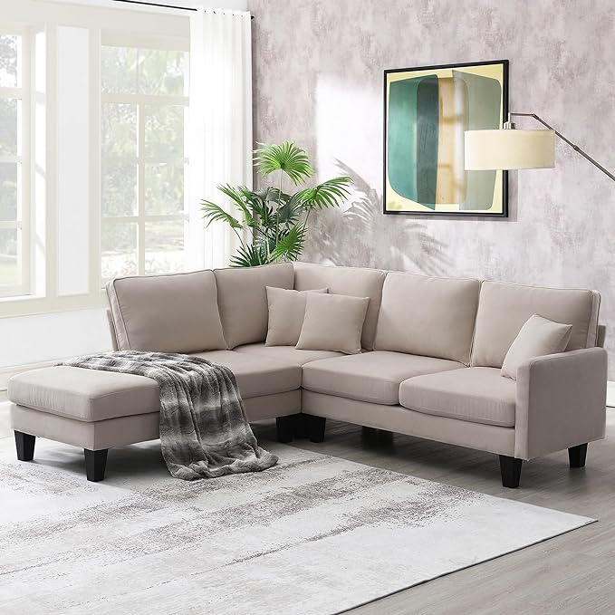 90" Modern L-Shape Sectional Sofa with Chaise Lounge,5-Seat Practical Couch Set W/ 3 Pillows,7''Leg Height,Minimalist Style,Indoor Furniture for Living Room Apartment Office,Beige Terrycloth - LeafyLoom