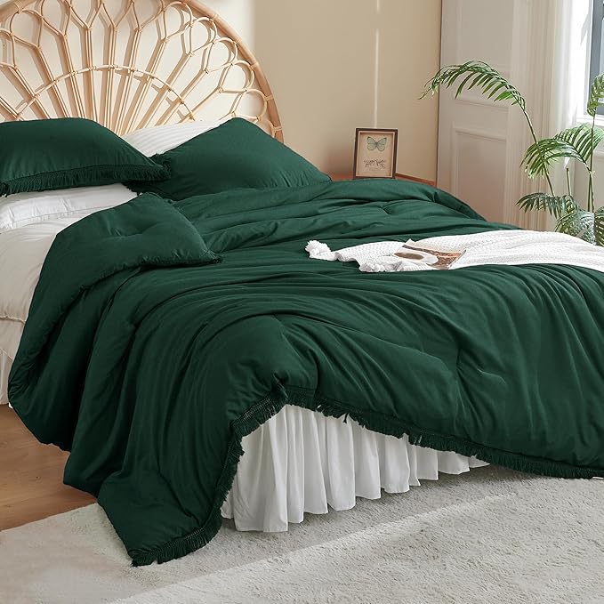 Litanika California King Comforter Set Emerald Green, 3 Pieces Cal King Forest Green Boho Tassel Bed Comforter, All Season Oversized Bedding Comforter Sets (1 Comforter 104x96 inch, 2 Pillowcases) - LeafyLoom
