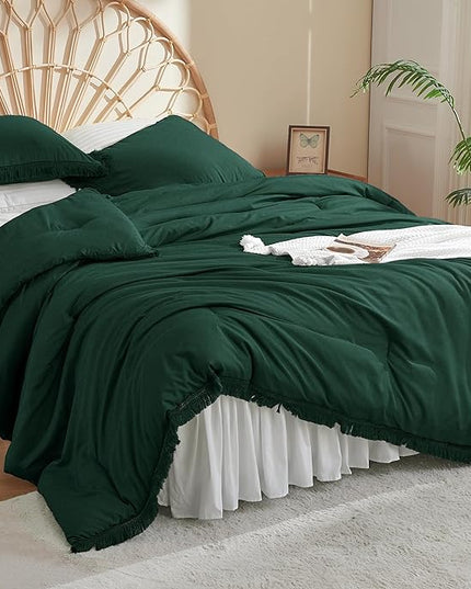 Litanika Comforter King Size Set Emerald Green, 3 Pieces Forest Green Boho Tassel Bed Comforter, All Season Oversized Bedding Comforter Sets (1 Comforter 104x90 inch, 2 Pillowcases) - LeafyLoom