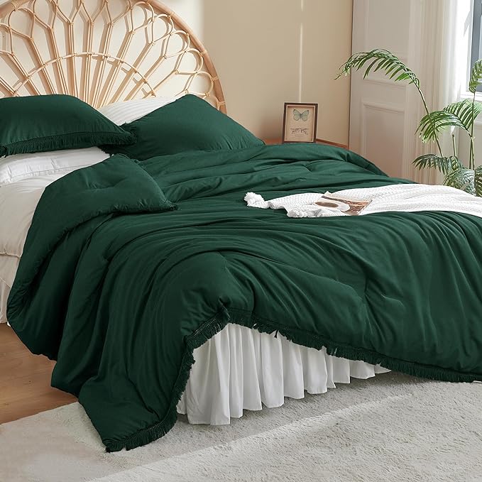 Litanika Comforter King Size Set Emerald Green, 3 Pieces Forest Green Boho Tassel Bed Comforter, All Season Oversized Bedding Comforter Sets (1 Comforter 104x90 inch, 2 Pillowcases) - LeafyLoom