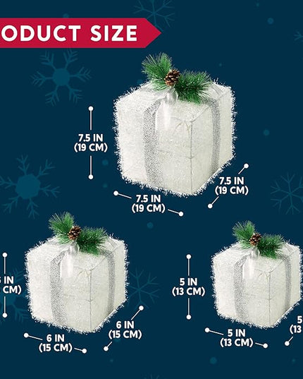 Joiedomi Christmas Lighted Gift Boxes, Christmas Decorations Set of 3, Light up Present Boxes, 60 LED Warm White Lights for Indoor Holiday Décor, Christmas Eve Night Décor Joiedomi