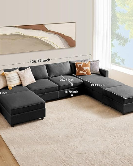 Sweetcrispy Convertible Sectional Sofa Couch, 7 Seat Sofa Set with Storage for Living Room, U-Shaped Modern Modular Sofa Sleeper with Reversible Chaise, Oversized Modular Sectional Sofa, Grey - LeafyLoom