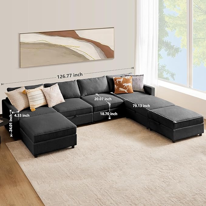 Sweetcrispy Convertible Sectional Sofa Couch, 7 Seat Sofa Set with Storage for Living Room, U-Shaped Modern Modular Sofa Sleeper with Reversible Chaise, Oversized Modular Sectional Sofa, Grey - LeafyLoom