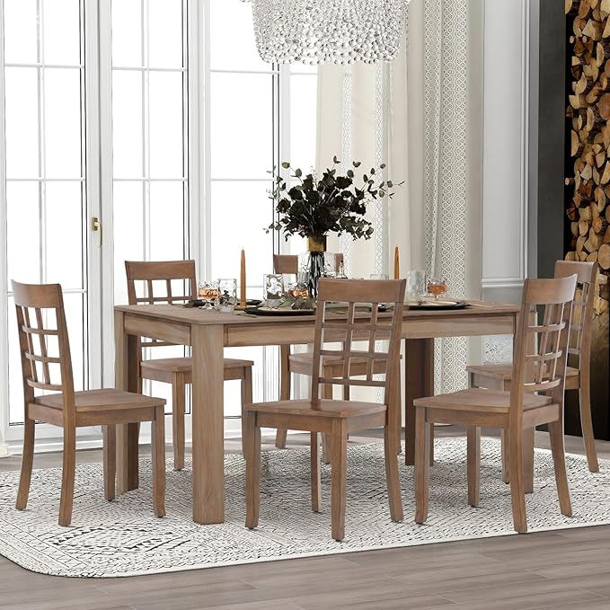 COLAMY Wooden Dining Chairs Set of 6, Nine-Square High Back Kitchen Side Chair, Farmhouse Dining Chairs for Kitchen and Dining Room, Light Brown - LeafyLoom