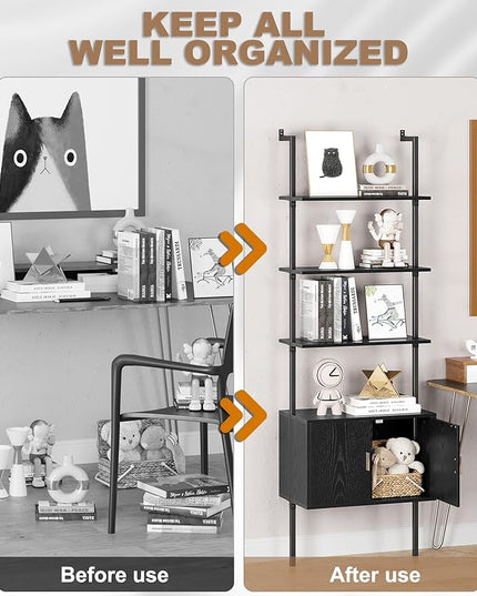 Gadroad Ladder Bookshef with Cabinet, Wall Mounted Bookcases, 5 Tier Tall Open Display Rack, 73" Metal Industrial Bookshelf, Storage Shelves for Livingroom, Home Office, Black - LeafyLoom
