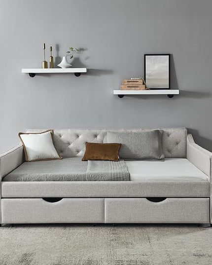 Queen Size Upholstered Tufted Daybed with Two Pull Out Drawers Bed, Button Polyester on Back, Waved Shape Arms for Bedroom, Living Room,No Need Boxing Spring - LeafyLoom