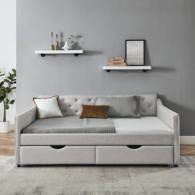 Queen Size Upholstered Tufted Daybed with Two Pull Out Drawers Bed, Button Polyester on Back, Waved Shape Arms for Bedroom, Living Room,No Need Boxing Spring - LeafyLoom