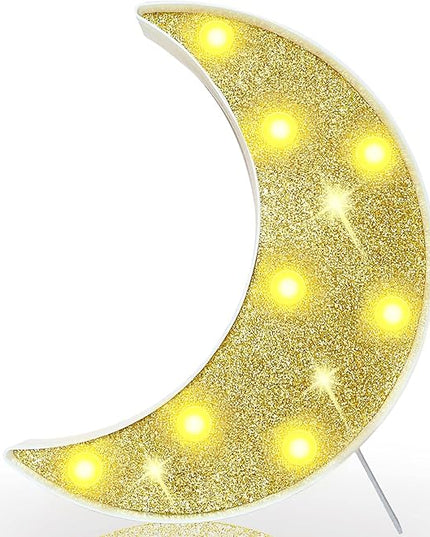 Moon Marquee Lights Decorations, Glitter LED Lighted Moon Lamp, Battery Operated Crescent Moon Night Light for Ramadan Home Table Baby Shower Party Decor, Shiny Gold Moon - LeafyLoom