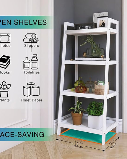 SMIBUY Ladder Shelf, 4 Tier Bamboo Bookshelf, Bathroom Storage Organizer Plant Display Stand, Freestanding Open Shelving Unit with Handles for Home Office (White) - LeafyLoom