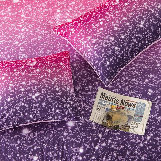 RYNGHIPY 6Pcs Twin Gradient Pink Purple Glitter Comforter Sets for Teens Girls Kids, Colorful Rainbow Glitter Themed Bedding Set - LeafyLoom
