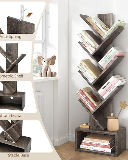 Hoctieon 6 Tier Tree Bookshelf, Tall Bookcase with Drawer, Freestanding Book shelf, Display Floor Standing Storage Shelf, Book Organizer Shelves for Home Office, Living Room, Bedroom, Grey - LeafyLoom