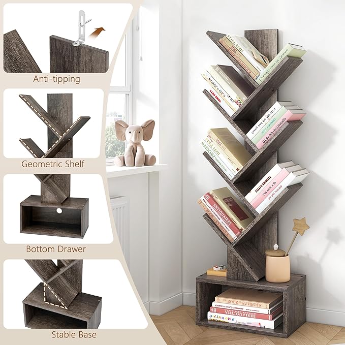 Hoctieon 6 Tier Tree Bookshelf, Tall Bookcase with Drawer, Freestanding Book shelf, Display Floor Standing Storage Shelf, Book Organizer Shelves for Home Office, Living Room, Bedroom, Grey - LeafyLoom