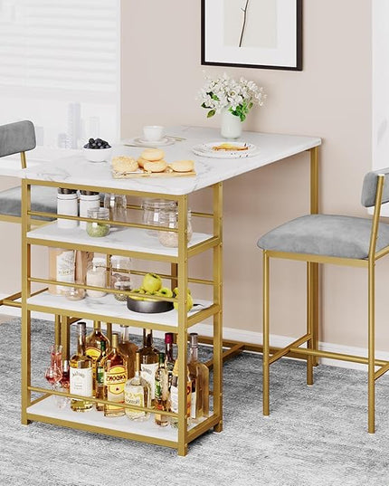 GAOMON Dining Table Set for 2, Kitchen Table and Upholstered Chairs for 2, 3 Piece Counter Height Bar Kitchen Table Set with 3 Storage Shelves for Small Space, Apartment, Velvet Gray and Gold White - LeafyLoom