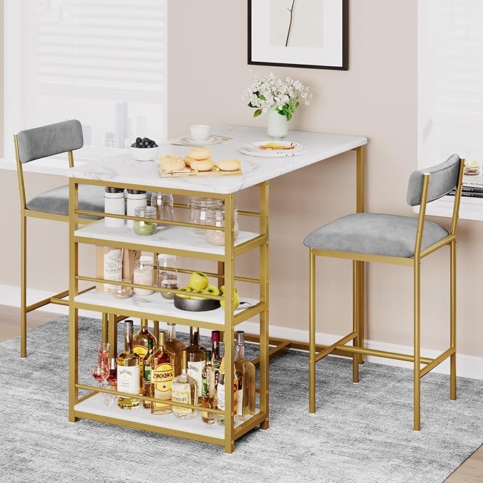 GAOMON Dining Table Set for 2, Kitchen Table and Upholstered Chairs for 2, 3 Piece Counter Height Bar Kitchen Table Set with 3 Storage Shelves for Small Space, Apartment, Velvet Gray and Gold White - LeafyLoom
