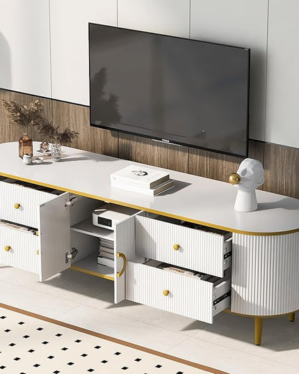 Merax Modern TV Stand for Televisions up to 80 Inches, Entertainment Center with 4 Drawers and 1 Cabinet, Wood Console Table with Metal Legs and Handles for Living Room, 70.9" Length, White - LeafyLoom
