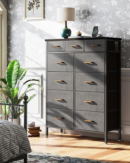 AODK Dresser with Charging Station, 52 Inches Tall Dresser for Bedroom with 11 Storage Drawers, Large Fabric Dressers for Living Room, Hallway, Dark Grey - LeafyLoom
