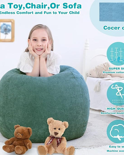 Stuffed Animal Storage Bean Bag Chair Cover (No Filler) for Kids and Adults.Soft Premium Corduroy Stuffable Beanbag for Organizing Children Plush Toys or Memory Foam Small 100L (Green) - LeafyLoom
