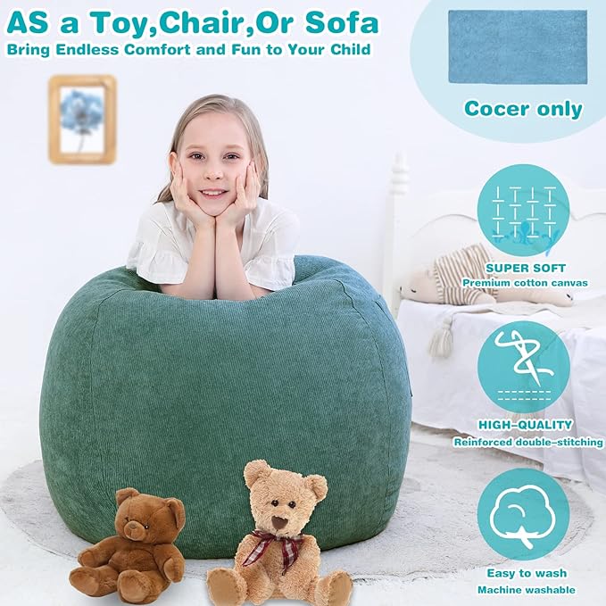 Stuffed Animal Storage Bean Bag Chair Cover (No Filler) for Kids and Adults.Soft Premium Corduroy Stuffable Beanbag for Organizing Children Plush Toys or Memory Foam Small 100L (Green) - LeafyLoom