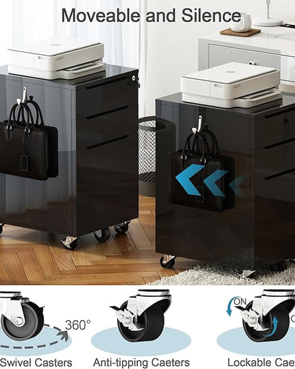 ChooChoo High Glossy File Cabinet with Lock,3 Drawer Rolling Filing Cabinet Fits Legal Size/A4/Letter, Under Desk File Cabinet with Hook for Home Office, Black - LeafyLoom