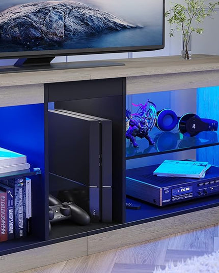 Bestier Entertainment Center LED Gaming TV Stand for 55+ Inch TV Adjustable Glass Shelves 22 Dynamic RGB Modes TV Cabinet Game Console PS4, Wash Gray - LeafyLoom