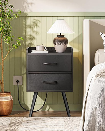 Night Stand with Charger Station, Nightstand with Drawers, Bedside Table, End Table with Solid Wood Feet, Black Nightstand, Side Tables for Bedroom - LeafyLoom