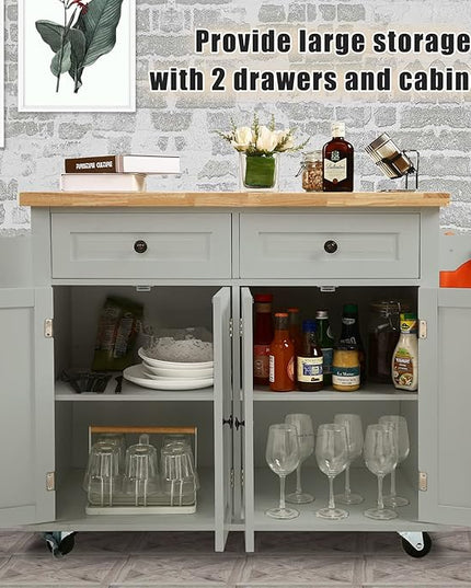 NSdirect Kitchen Island Cart,Kitchen Bar&Serving Cart Rolling on Wheels with Spice Rack Towel Holder Utility Storage Trolley with Storage Drawers for Home Hotel Kitchen Dinning Room(Grey) - LeafyLoom