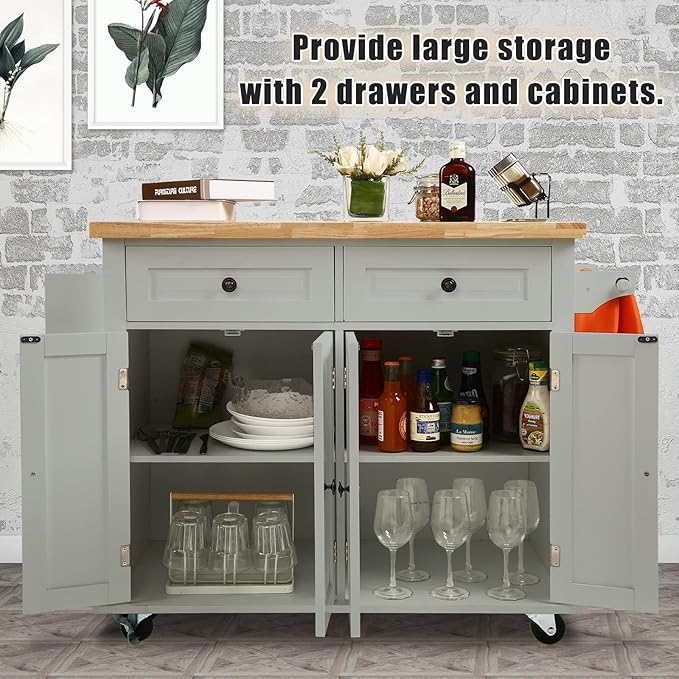NSdirect Kitchen Island Cart,Kitchen Bar&Serving Cart Rolling on Wheels with Spice Rack Towel Holder Utility Storage Trolley with Storage Drawers for Home Hotel Kitchen Dinning Room(Grey) - LeafyLoom