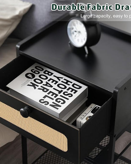 Night Stand, Side Table with Rattan Drawer, Nightstand with Charging Station, Industrial Bedside Table with 3-Tier Storage, Black JET003CB1 - LeafyLoom