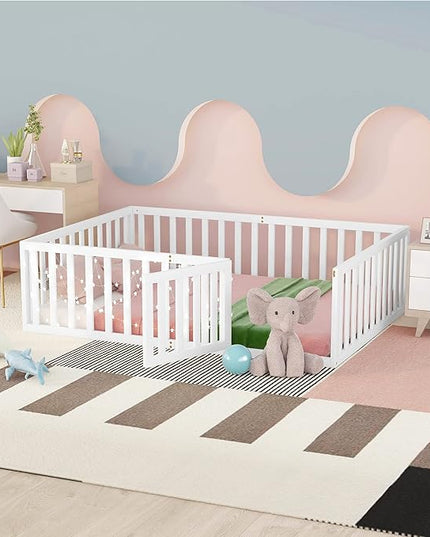 Multifunctional Full Size Floor Bed with Safety Guardrails and Door, Montessori Sturdy Solid Wood Beds Frame, Easy Assembly and No Spring Need, for Boys and Girls Room, White - LeafyLoom