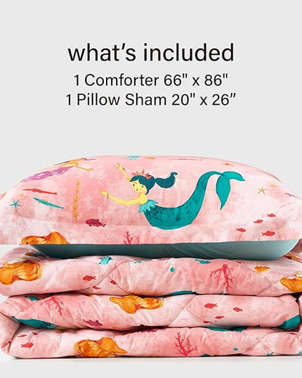 Twin Mermaid Bedding Sets for Girls, 2 Pieces Kids Twin Comforter Sets, Super Soft Lightweight for All Seasons, Includes 1 Comforter (66"x86") and 1 Pillowcase (20"x26"+2") - LeafyLoom
