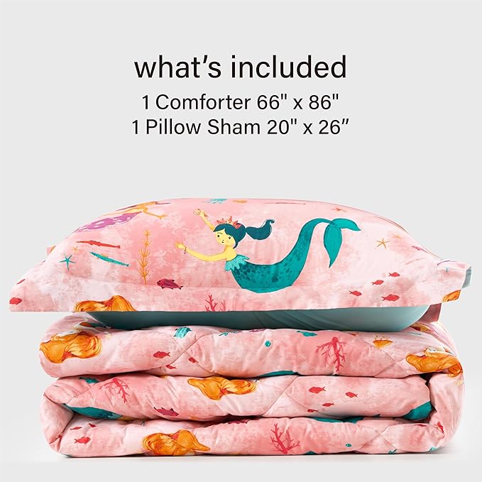 Twin Mermaid Bedding Sets for Girls, 2 Pieces Kids Twin Comforter Sets, Super Soft Lightweight for All Seasons, Includes 1 Comforter (66"x86") and 1 Pillowcase (20"x26"+2") - LeafyLoom