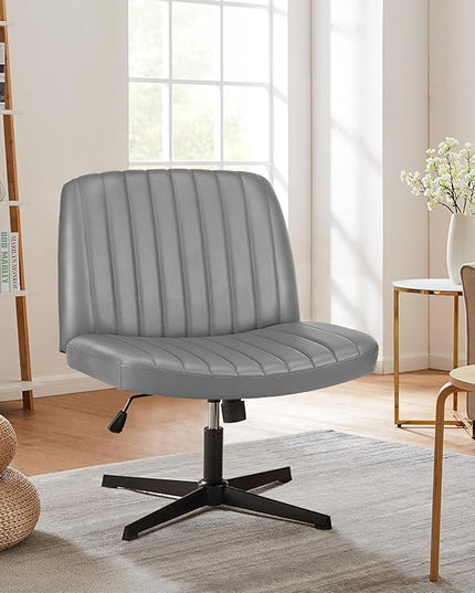 Sweetcrispy Criss Cross Chair Legged, Armless Office Desk Chair No Wheels, Swivel Vanity Chair, Height Adjustable Wide Seat Computer Task Chair, PU Leather Vanity Modern Home Chair Sliver - LeafyLoom