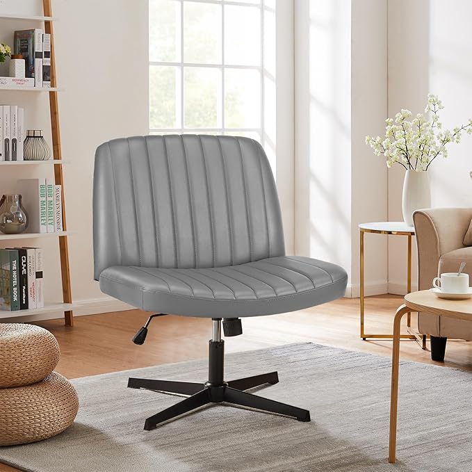 Sweetcrispy Criss Cross Chair Legged, Armless Office Desk Chair No Wheels, Swivel Vanity Chair, Height Adjustable Wide Seat Computer Task Chair, PU Leather Vanity Modern Home Chair Sliver - LeafyLoom